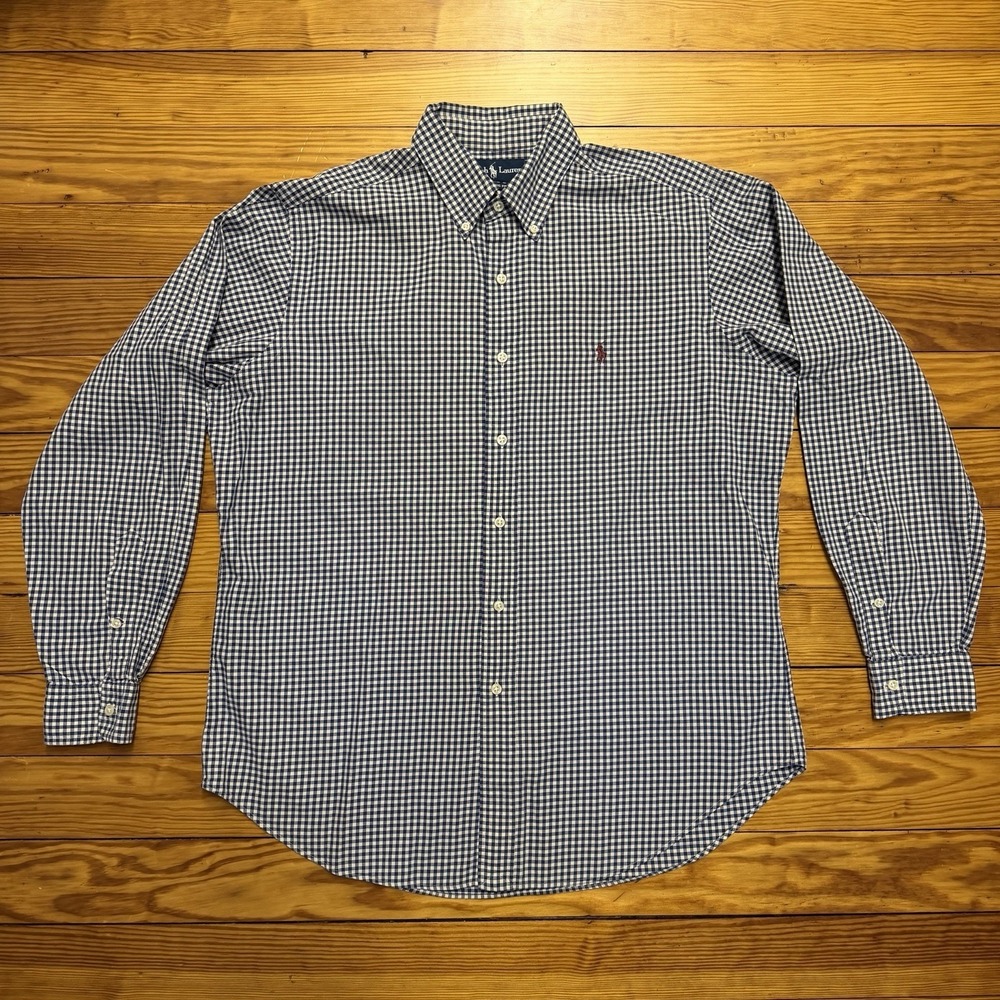 Ralph Lauren Mens Classic Fit Gingham Button Down Shirt Navy Blue‎ White Large